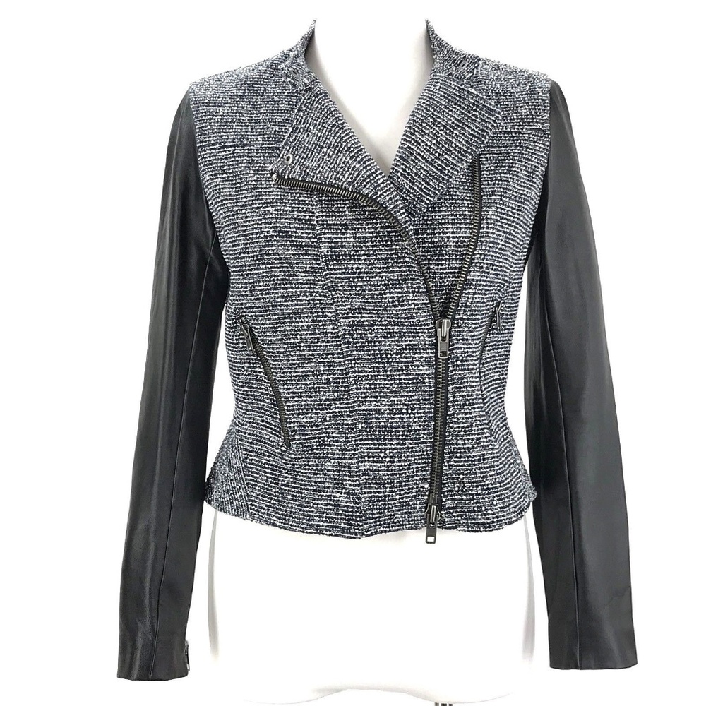 THEORY Tweed Black Lamb Leather Moto Jacket Blazer - Picture 8 of 8